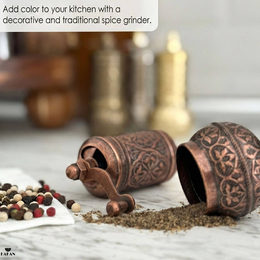 Hakan - Copper Black Pepper Grinder, Refillable Spice Mill, 4.3 in - Antique Gold