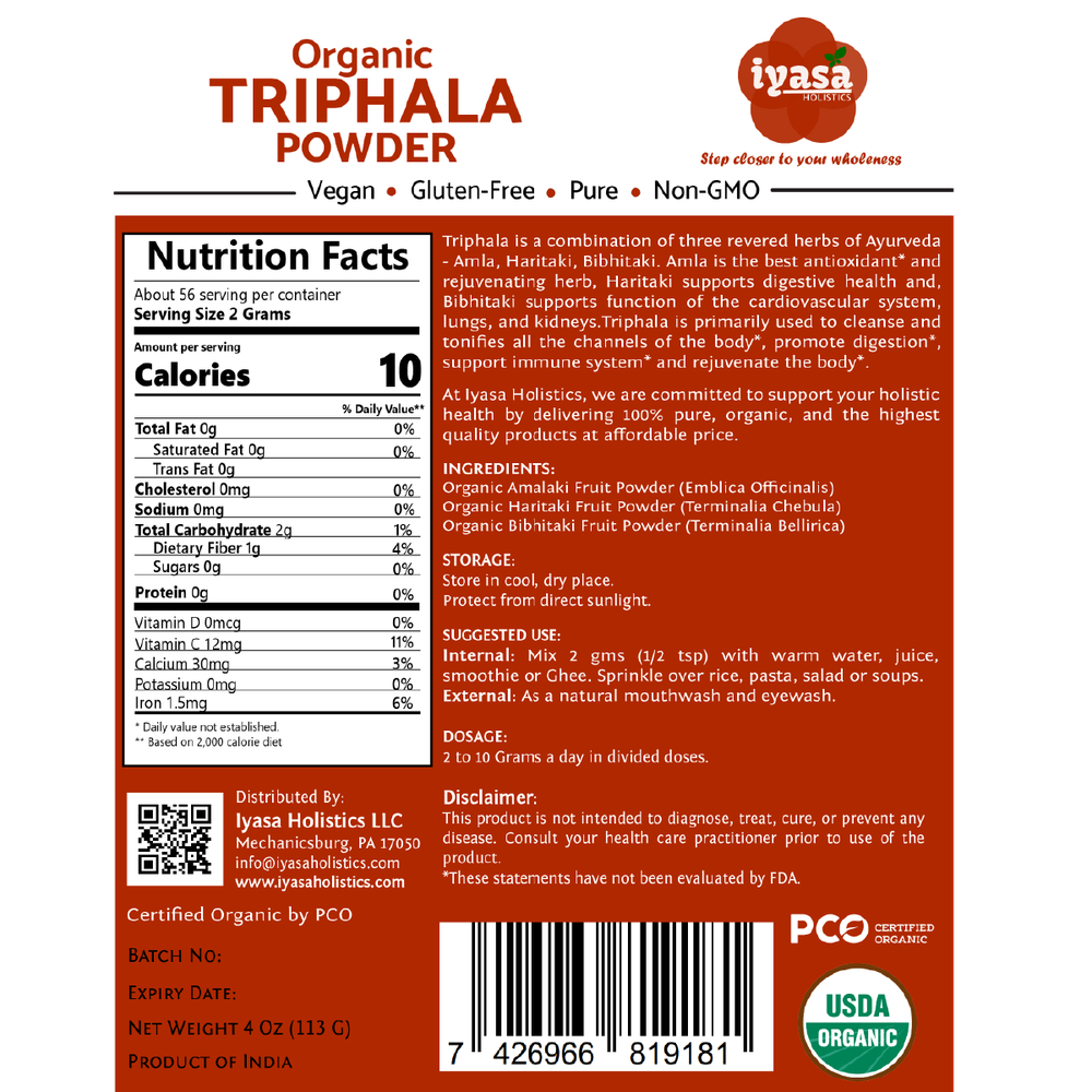 Iyasa Holistics - Organic Triphala Powder - 4 oz