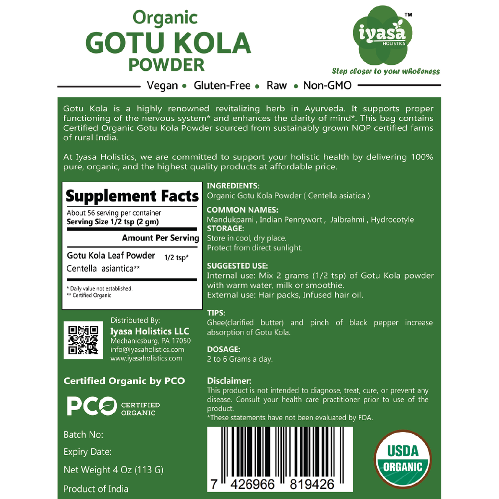 Iyasa Holistics - Organic Gotu Kola Powder - 8 oz