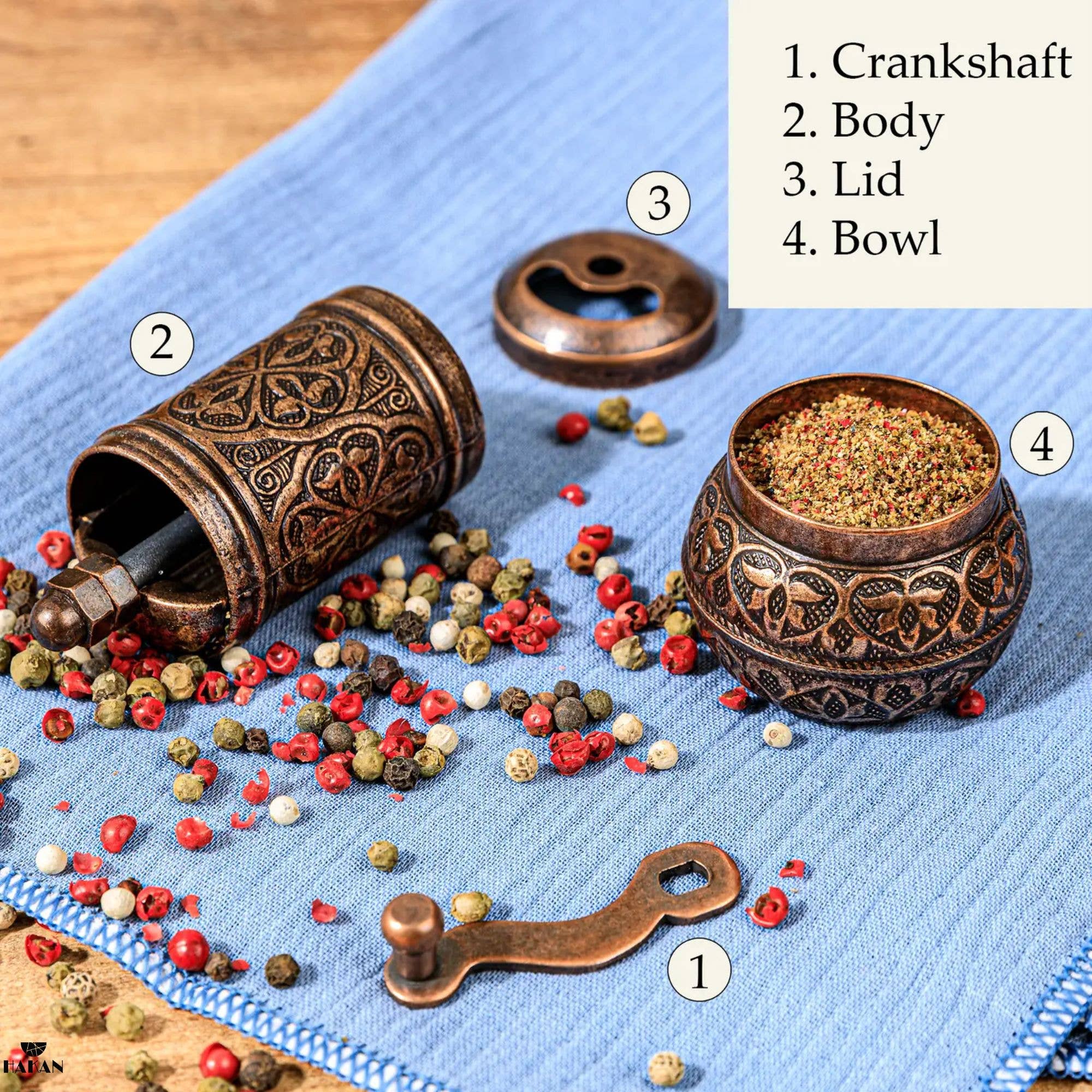 Hakan - Copper Black Pepper Grinder, Refillable Spice Mill, 4.3 in - Copper