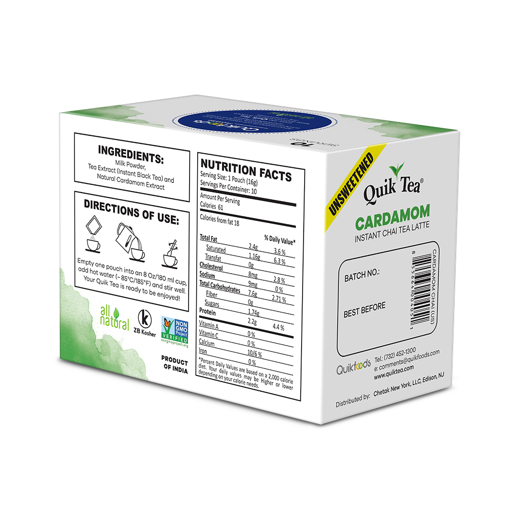 Quik Tea - Unsweetened Cardamom Chai Tea Latte - 10 Count
