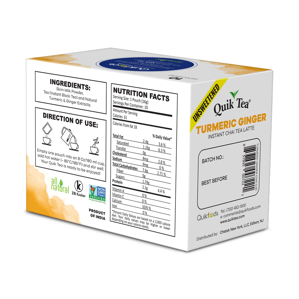 Quik Tea - Unsweetened Turmeric Ginger Chai Tea Latte - 10 Count