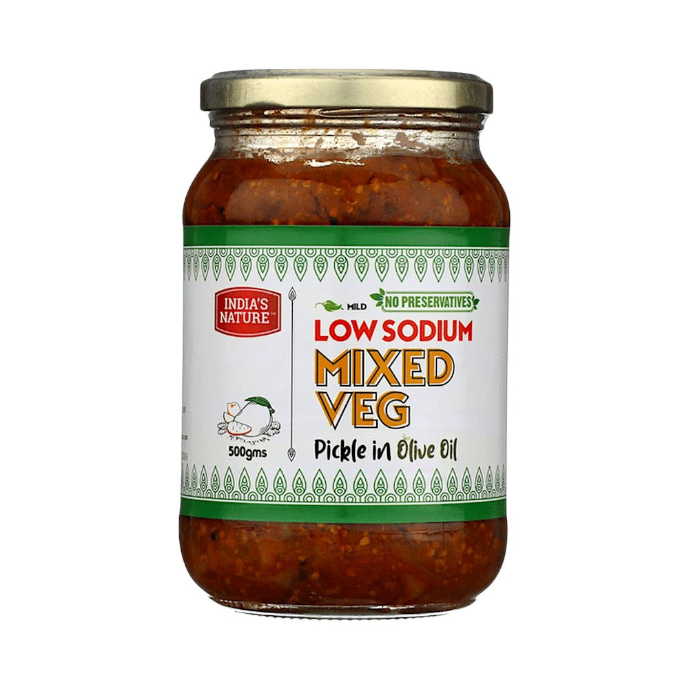 INDIA'S NATURE LOW SODIUM MIXED VEG PICKLE IN OLIVE OIL