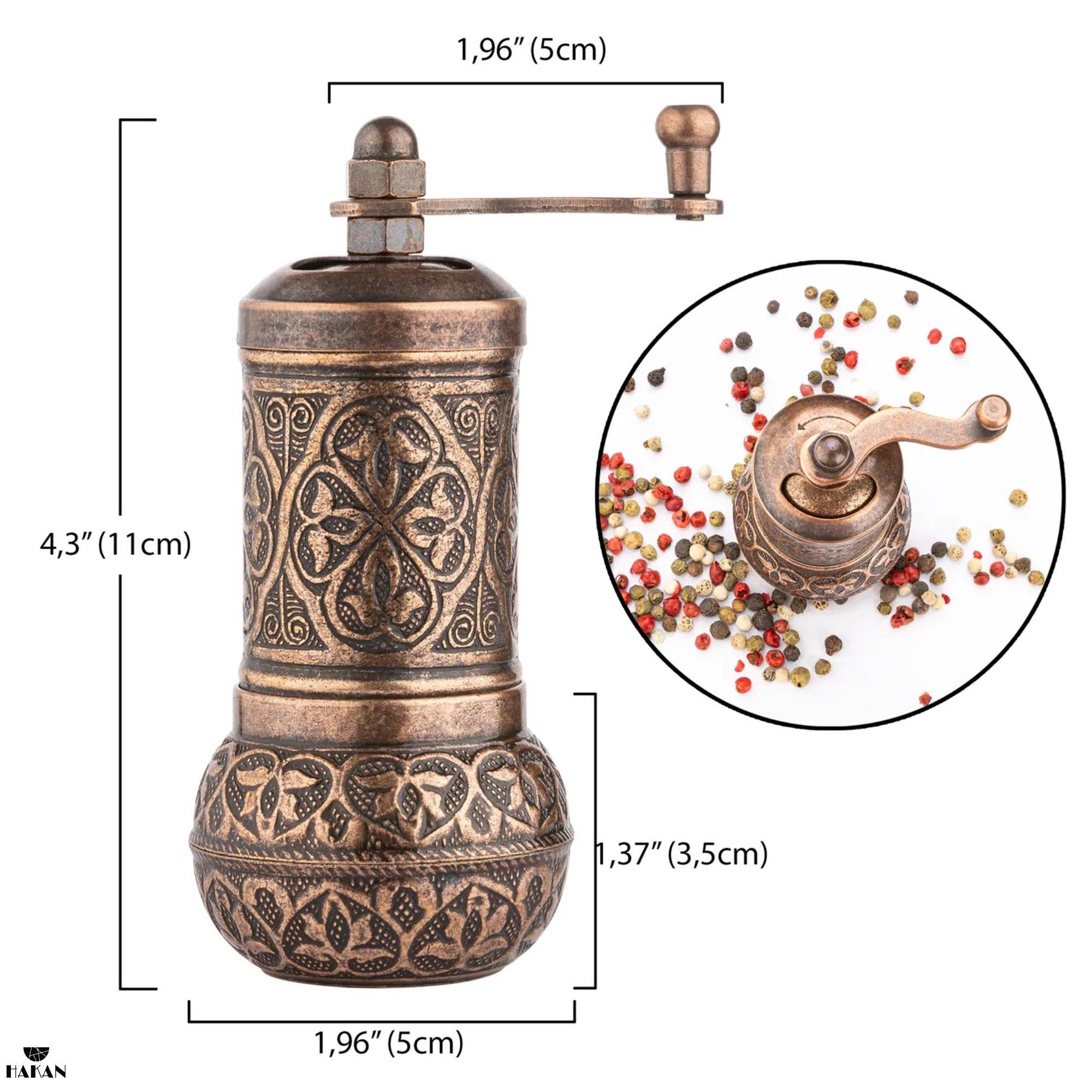 Hakan - Copper Black Pepper Grinder, Refillable Spice Mill, 4.3 in - Copper