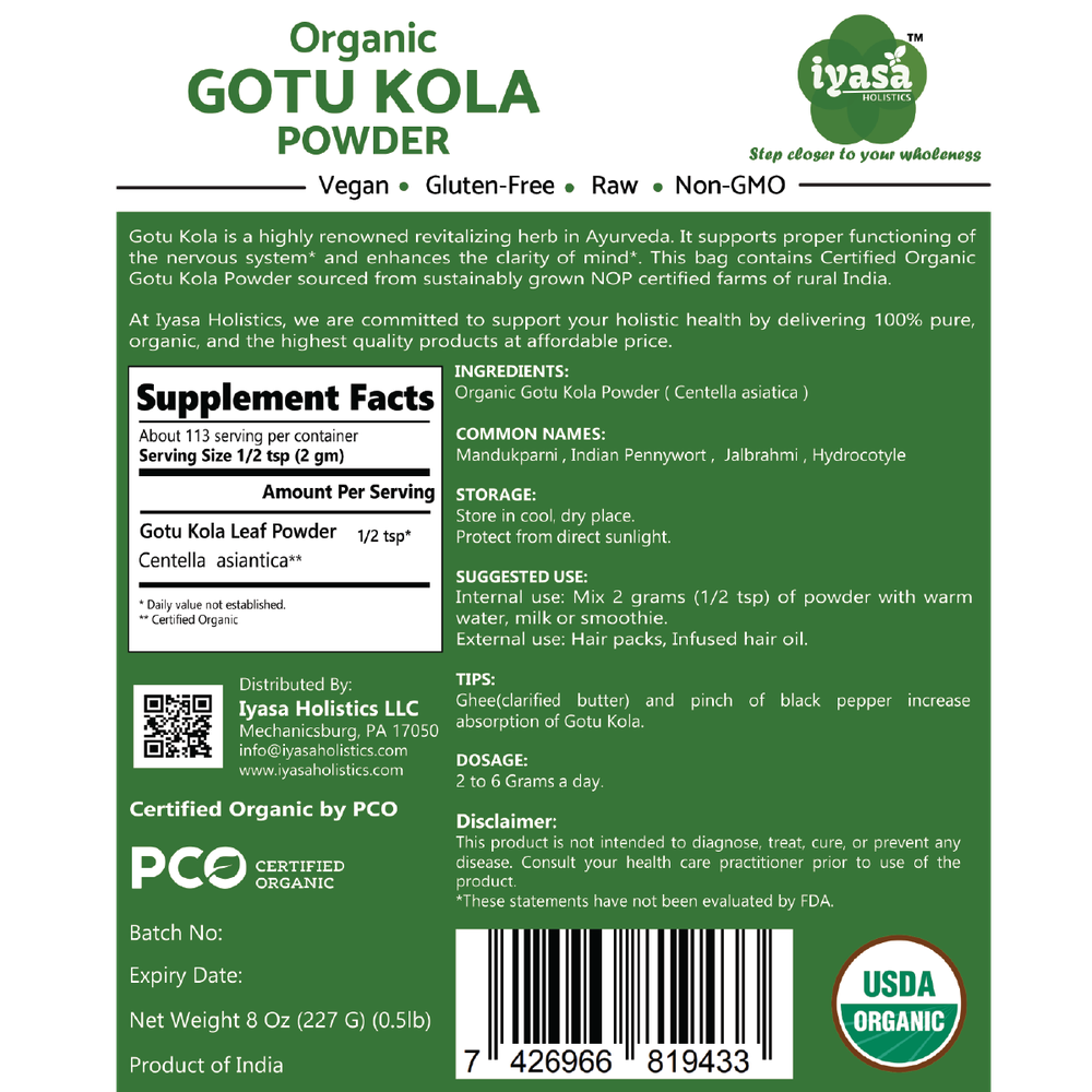 Iyasa Holistics - Organic Gotu Kola Powder - 8 oz