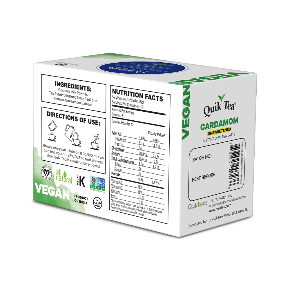 Quik Tea - Vegan Unsweetened Cardamom Chai Tea Latte - 10 Count